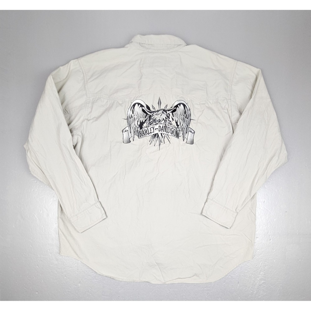 Harley-Davidson Embroidered Logo Button Up Shirt Mens 2XL Tan Pin Stripe Top